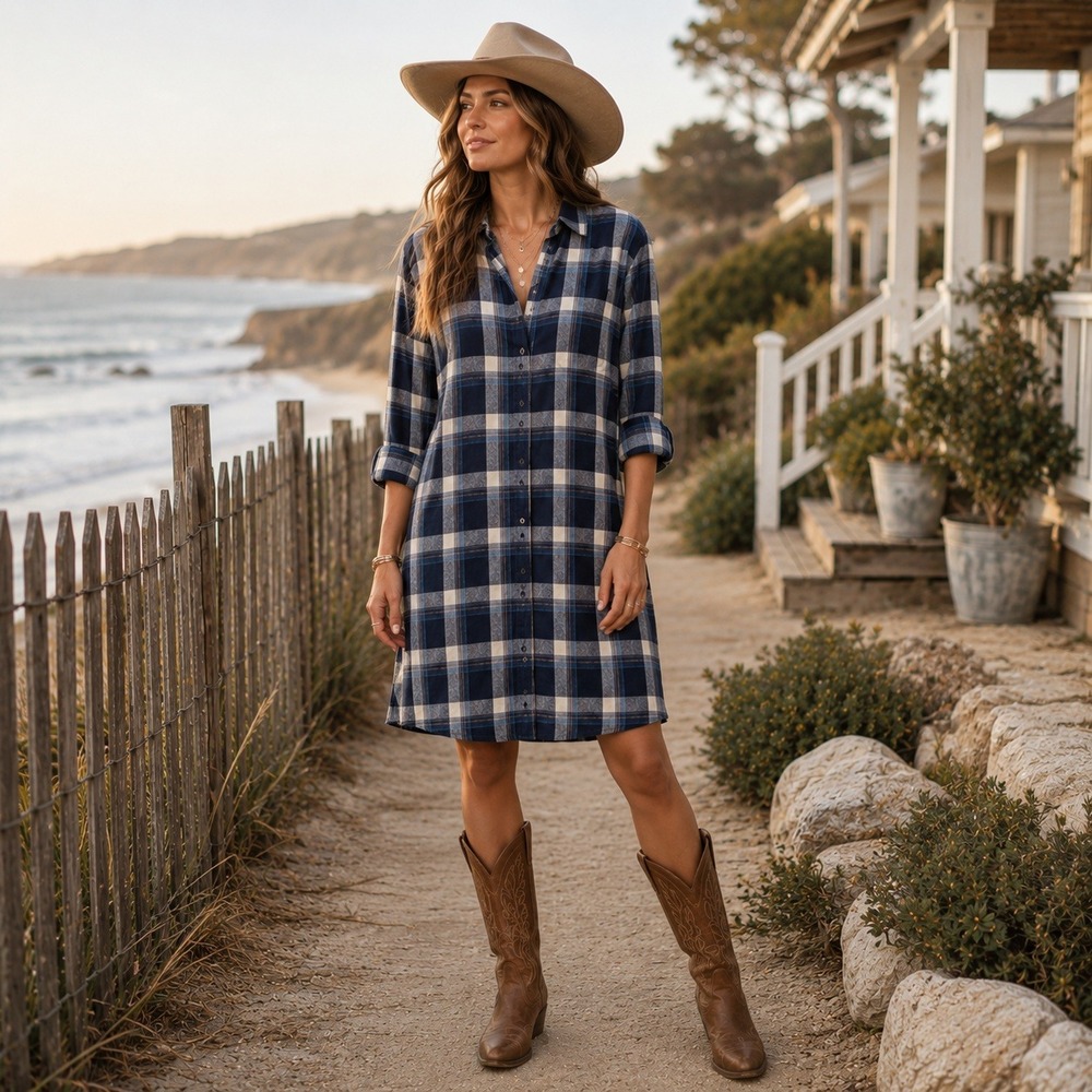 Boho Plaid Flannel Shirt Dress L Blue Country Cowgirl‎ Casual Cabincore